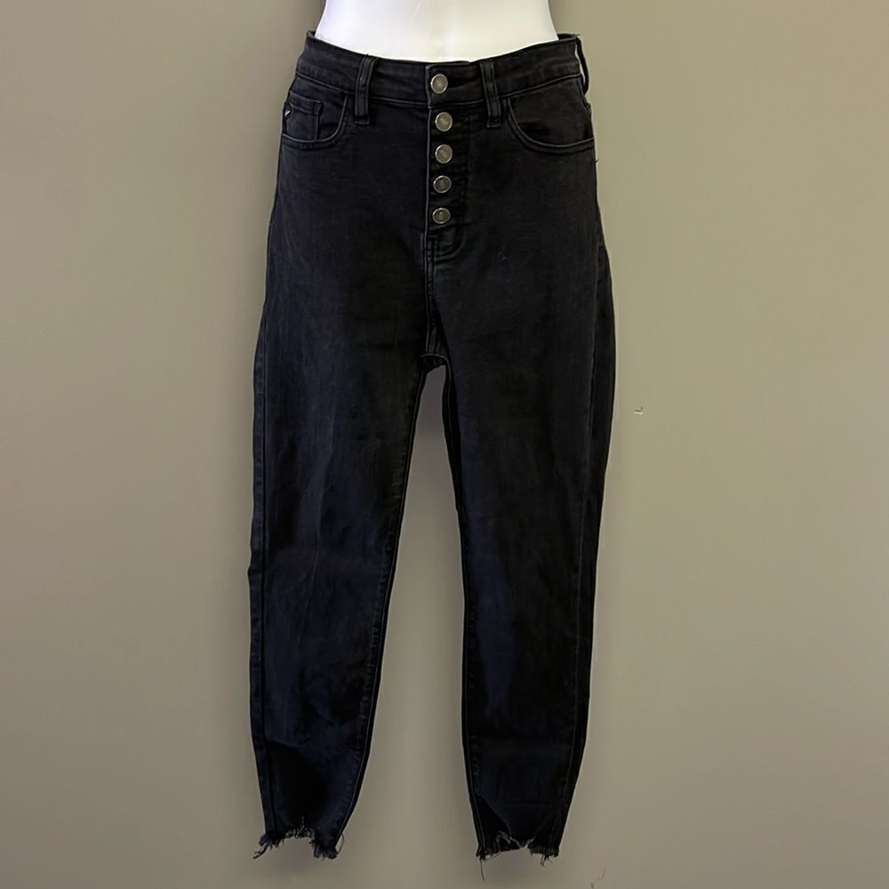 KanCan Black High Rise Button Fly Slight Fade Distressed Skinny Jeans- 7/27